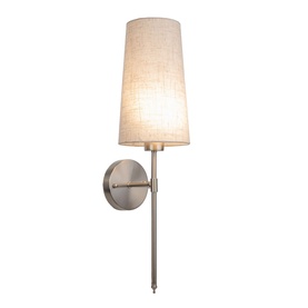 Macquillan nickel wall lamp with tapered cream fabric shade and slim brushed metal arm mount.