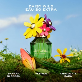 Marc Jacobs Daisy Wild Eau So Extra Eau de Parfum green bottle with floral topper, styled with banana blossom, vetiver and chocolate daisy notes