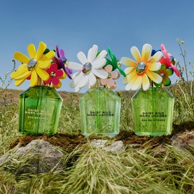 Marc Jacobs Daisy Wild Eau So Extra EDP trio in green bottles with oversized colourful daisy caps, displayed outdoors on rocks