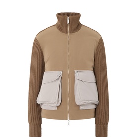 Max&Co rope-coloured zip-through jacket with ribbed knit sleeves, contrast light beige cargo pockets, and funnel neck