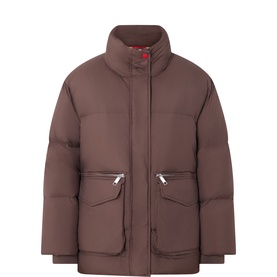 Max&Co dark brown quilted puffer jacket with high neck, silver zip zipped pockets and snap button fastening