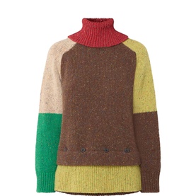 Max&Co green colourblock wool turtleneck sweater with red, brown, yellow and green panels and ribbed collar