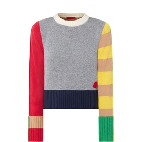 Max&Co grey colourblock wool sweater with red, navy, yellow, tan and green panels and ribbed crew neck cuffs and hem