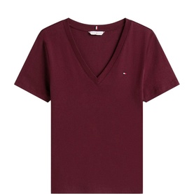 Tommy Hilfiger Deep Burgundy V-neck short sleeve T-shirt with embroidered flag logo on chest