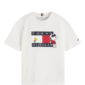 Tommy Hilfiger white children's T-shirt with Snoopy and Woodstock graphic and flag logo print on chest