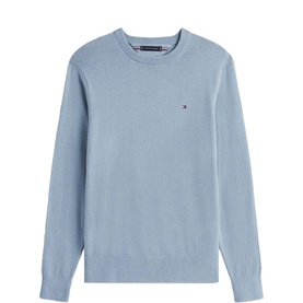 Tommy Hilfiger Brisk Blue crew neck knit jumper with embroidered flag logo on chest, fine knit texture