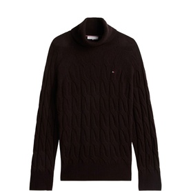 Tommy Hilfiger chocolate cable-knit roll-neck jumper with small logo embroidery on chest