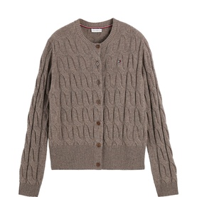 Tommy Hilfiger cable-knit cardigan in Hot Coco Heather, button-front with crew neck and small logo embroidery