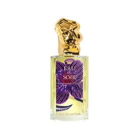 Sisley Eau du Soir Eau de Parfum in glass bottle with gold sculptural cap and purple orchid detail on label