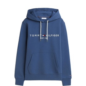 Tommy Hilfiger hoodie in Aegean Sea blue, chest logo print, kangaroo pocket, drawstring hood
