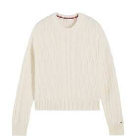 Tommy Hilfiger Ivory Petal cable-knit crew-neck sweater with long sleeves and signature flag logo detail.
