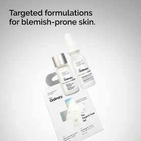 The Ordinary The Target & Treat Set skincare gift set with two dropper bottles and product packaging for blemish-prone skin