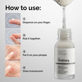 The Ordinary The Target & Treat Set how-to-use guide showing four steps: dispense, rub, pat on pimple, dries translucent.