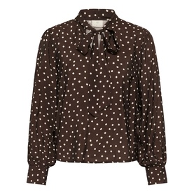 Kaffe blouse in Coffee Bean Turtledove polka dot print with pussy-bow neckline and long blouson sleeves