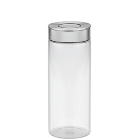 Tramontina clear glass storage container with stainless steel lid, cylindrical shape, ideal for kitchen storage