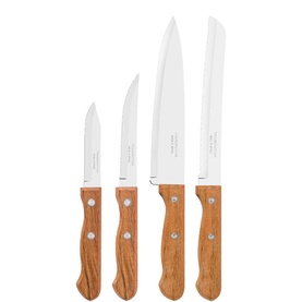 Tramontina Kitchen Knife Set in light brown, four stainless steel blades with wooden handles, varying sizes from paring to carving knife