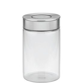 Tramontina clear glass kitchen storage container with brushed stainless steel airtight lid, cylindrical shape