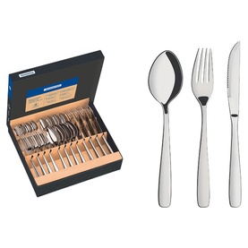 Tramontina Silver Cutlery Dinner Set in presentation box, with spoon, fork and knife displayed alongside