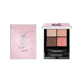 YSL Eye Palette in 826 Peach Flirt, four-shade compact with peach, bronze and berry tones, pink embossed lid with YSL logo