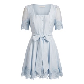 Pale blue mini dress with square neckline, short sleeves, lace trim hem and cuffs, button-front bodice, and self-tie waist belt