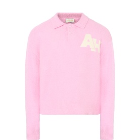 Almost Home Pink Riot knit polo with cream AH logo intarsia, spread collar, and ribbed cuffs and hem