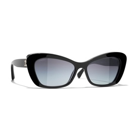 Chanel black cat-eye sunglasses with gradient grey lenses and silver CC logo detail on temples