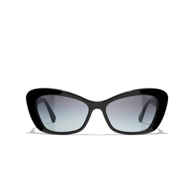 CHANEL butterfly sunglasses in black acetate with gradient grey lenses, front-facing view on white background