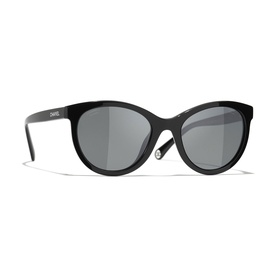 Chanel black butterfly sunglasses with grey lenses and white logo detail on temple, three-quarter angle view