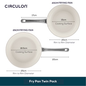 Circulon Halo LaserDefense&trade; Non Stick Ceramic Frying Pan Twin Set, white with silver handles, showing 20cm and 25cm pan dimensions