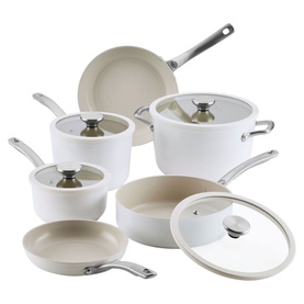 Circulon Halo with LaserDefense&trade; 6 Piece Non Stick Ceramic Cookware Set in white with silver handles and glass lids