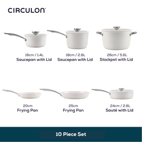 Circulon Halo with LaserDefense&trade; 10-piece white ceramic non-stick cookware set showing saucepans, stockpot, frying pans and saut&eacute; pan with lids