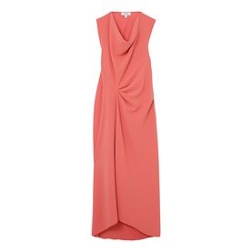 Reiss coral pink sleeveless maxi dress with cowl neck and twisted wrap skirt detail, shown flat on white background.