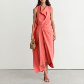Model wearing Reiss coral pink sleeveless draped midi dress with asymmetric hem, styled with strappy heels and a small clutch bag.
