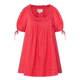 Damson Madder Jemima Cherry Mini Dress in red cherries, ruffle scoop neckline, puff sleeves with self-tie cuffs, pleated mini length