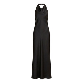 Black satin halterneck maxi dress with cowl neckline, open back, and sleeveless design