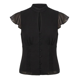 Black cap sleeve blouse with sheer flutter sleeves, mandarin collar, keyhole neckline, button front, and pintuck detail