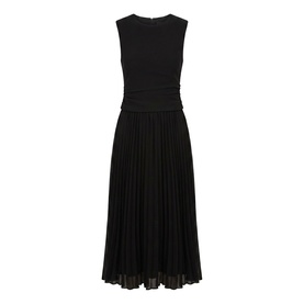 Black sleeveless midi dress with fitted bodice, ruched waist detail, and pleated chiffon skirt