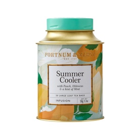Fortnum & Mason Summer Cooler Silky Tea Bag Tin, gold tin with mint green lid, peach and hibiscus leaf design, 20 bags