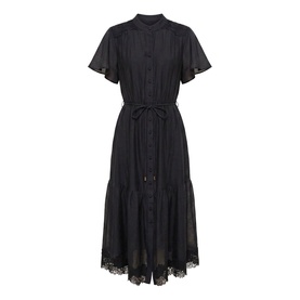 Black midi shirt dress with flutter sleeves, tie waist, button front, tiered skirt and lace hem trim