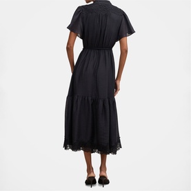 Model wearing black short-sleeve midi dress with elasticated waist, tiered skirt and lace hem trim, styled with black heels