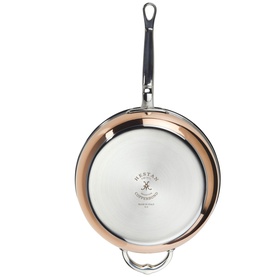 Hestan Copperbond Essential Pan with Helper Handle 28cm, stainless steel interior with copper rim and long handle, overhead view