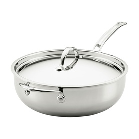 Hestan ProBond Luxe Covered Essential Pan 28cm in stainless steel, polished lid, seamless helper handle, satin interior, 4.7L capacity.