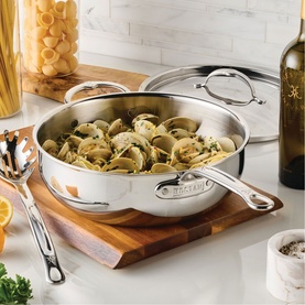 Hestan ProBond Luxe Covered Essential Pan 28cm filled with clams and pasta, stainless steel with lid, shown on wooden board
