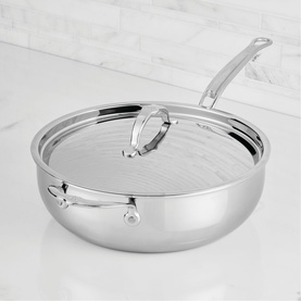 Hestan ProBond Luxe Covered Essential Pan 28cm in stainless steel, polished exterior with glass lid and helper handle, 4.7L capacity.