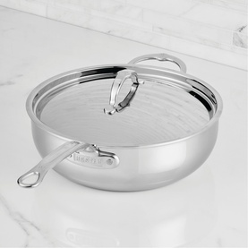 Hestan ProBond Luxe Covered Essential Pan 28cm in stainless steel, with glass lid, seamless helper handle and polished exterior.