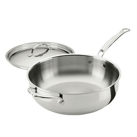 Hestan ProBond Luxe Covered Essential Pan 28cm in stainless steel, showing pan with helper handle and glass lid alongside