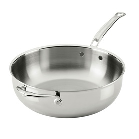 Hestan ProBond Luxe Essential Pan 28cm in polished stainless steel, shown without lid, with seamless long handle and helper handle.