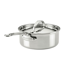 Hestan ProBond Luxe Covered Saucepan 18cm/1.9L in polished stainless steel with seamless handle and fitted lid.