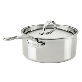Hestan ProBond Luxe Covered Saucepan 22cm in polished stainless steel with helper handle and fitted lid.