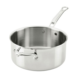 Hestan ProBond Luxe 22cm Saucepan in polished stainless steel with helper handle, satin interior, and seamless long handle.